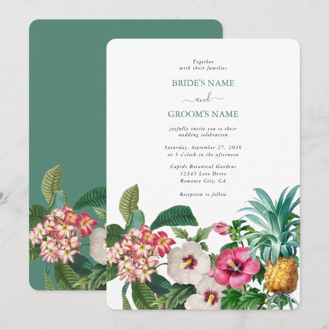 Tropical Watercolor Flowers & Greenery Wedding Invitation (Front/Back)