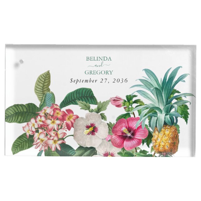 Tropical Watercolor Flowers & Greenery Wedding Place Card Holder (Front)
