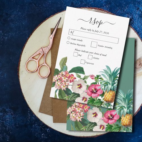 Tropical Watercolor Flowers  Greenery Wedding RSVP Card