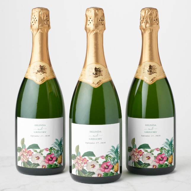 Tropical Watercolor Flowers & Greenery Wedding  Sparkling Wine Label (Bottles)