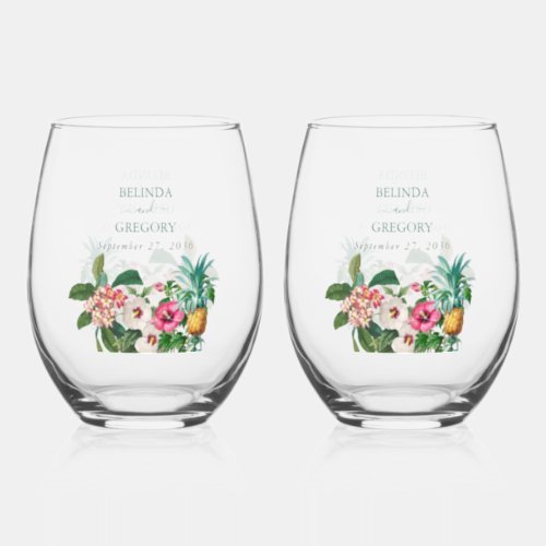 Tropical Watercolor Flowers  Greenery Wedding Stemless Wine Glass