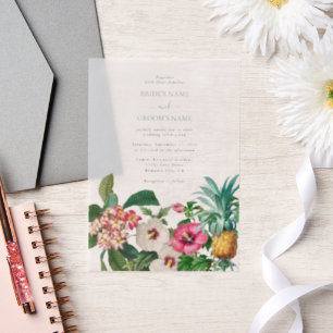 Tropical Watercolor Flowers & Greenery Wedding Vellum Invitations