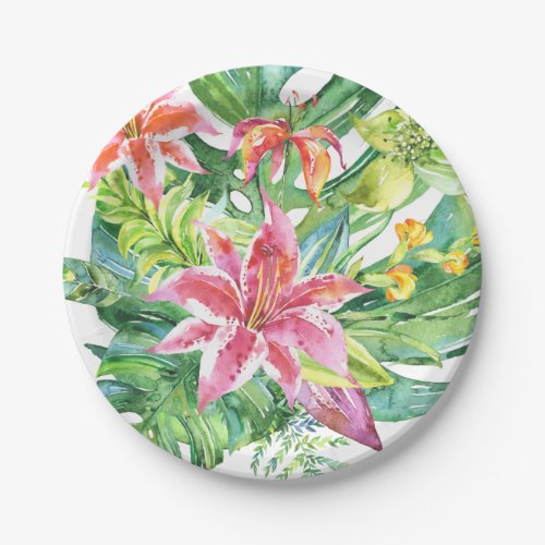 Tropical Watercolor Flowers Luau Summer Beach Paper Plates