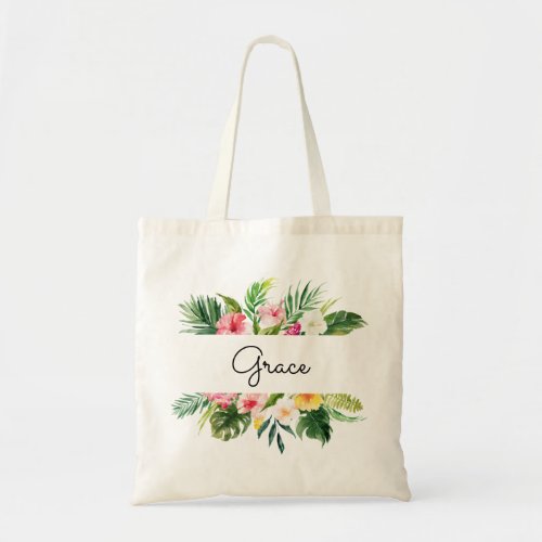 Tropical Watercolor Flowers Personalized Tote Bag