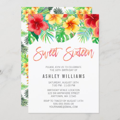 Tropical Watercolor Flowers Sweet 16 Invitation