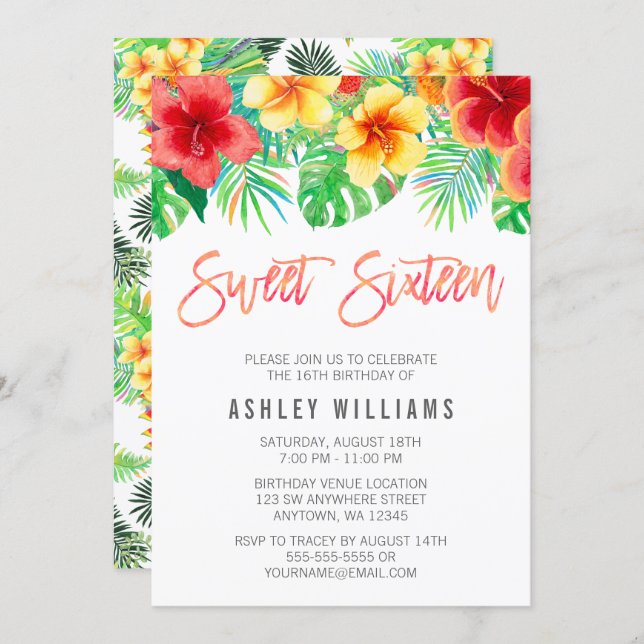 Tropical Watercolor Flowers Sweet 16 Invitation (Front/Back)