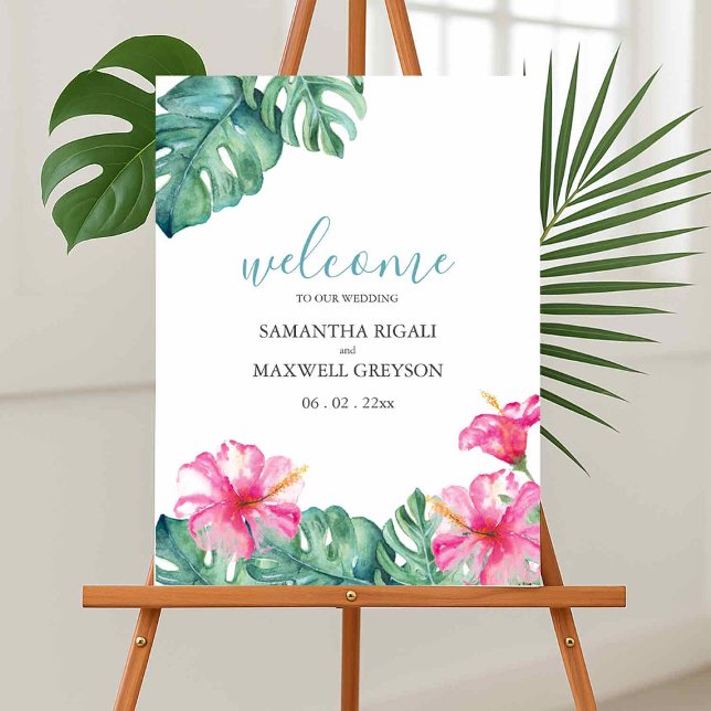 Tropical Watercolor Flowers Wedding Welcome Foam Board (Wedding welcome signs tropical watercolor pink hibiscus flowers and palm leaves.)