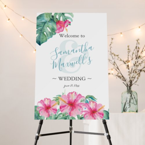 Tropical Watercolor Flowers Wedding Welcome Sign