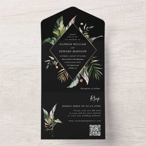 Tropical Watercolor Foliage Black Wedding QR Code All In One Invitation