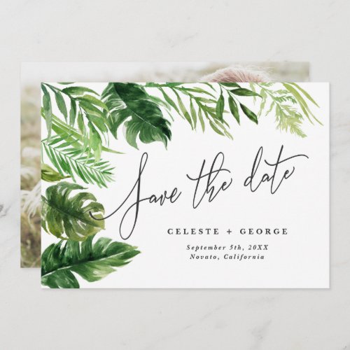 Tropical watercolor foliage floral photo save the date