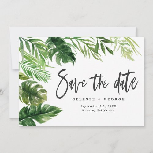 Tropical watercolor foliage floral save the date