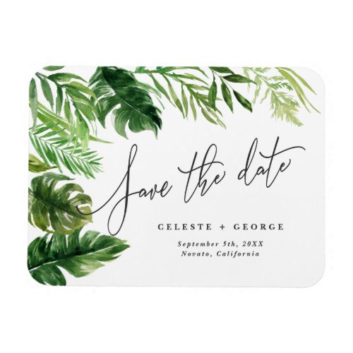 Tropical watercolor foliage floral save the date magnet