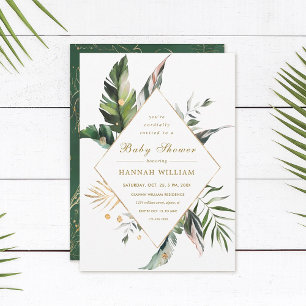 Tropical Watercolor Foliage Gold Baby Shower Invitation