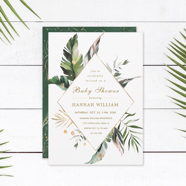 Tropical Watercolor Foliage Gold Baby Shower Invitation (Creator Uploaded)