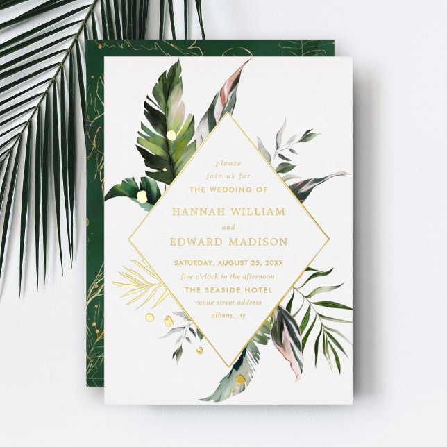 Tropical Watercolor Foliage Gold Frame Wedding Foil Invitation (Creator Uploaded)