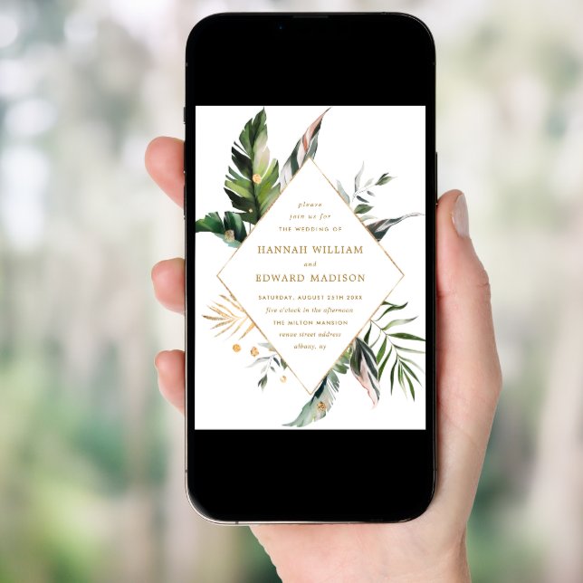 Tropical Watercolor Foliage Gold Frame Wedding Invitation (Front Digital)