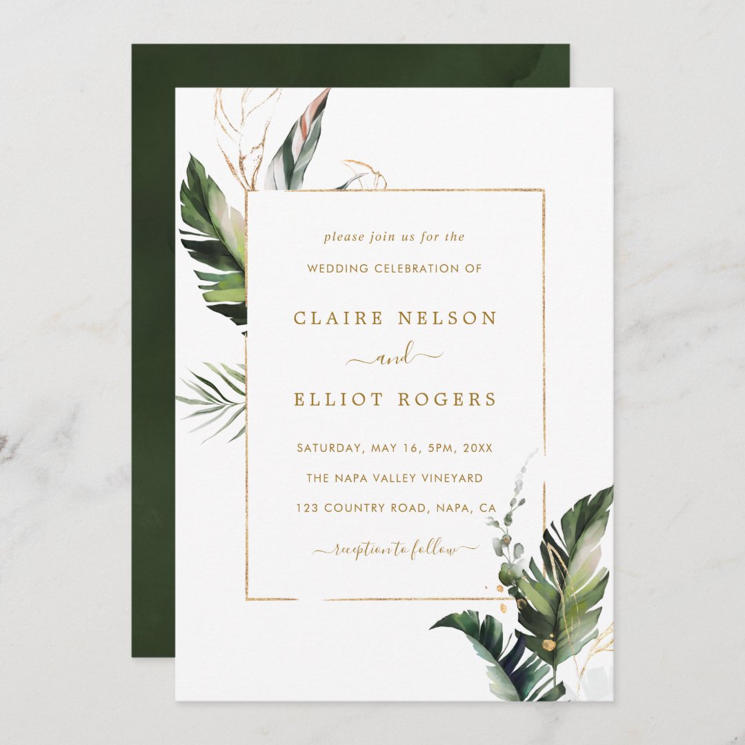 Tropical Watercolor Foliage Gold Frame Wedding Invitation | Zazzle