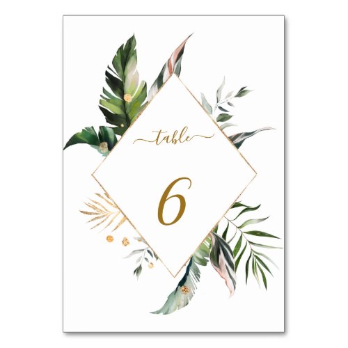 Tropical Watercolor Foliage Gold Frame Wedding Table Number