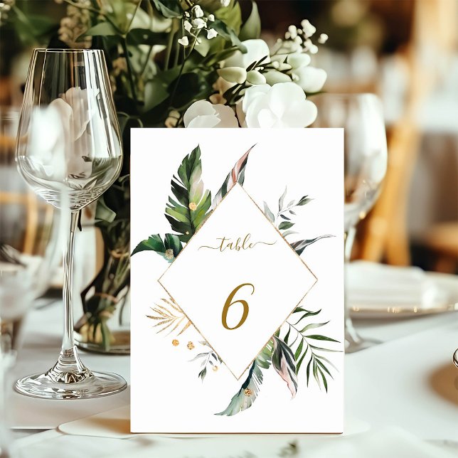 Tropical Watercolor Foliage Gold Frame Wedding Table Number (Creator Uploaded)