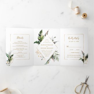 Tri-Fold Wedding Invitation with Tropical Watercolor Foliage Gold Frame