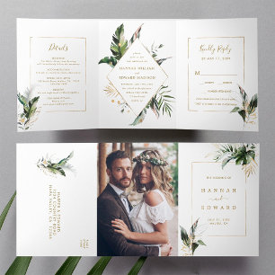 Tropical Watercolor Foliage Gold Frame Wedding Tri-Fold Invitation
