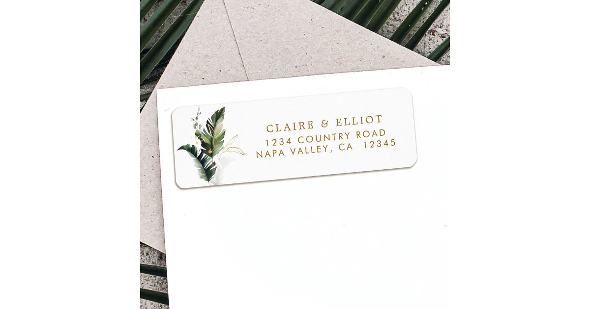 Tropical Watercolor Foliage Gold Return Address Label | Zazzle