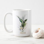Tropical Watercolor Foliage Gold Script Coffee Mug<br><div class="desc">This personalized coffee mug features watercolor green tropical foliage with gold leaves accents. >>> Check out the entire collection >>> https://www.zazzle.com/collections/tropical_foliage_gold_collection-119316977990783186</div>