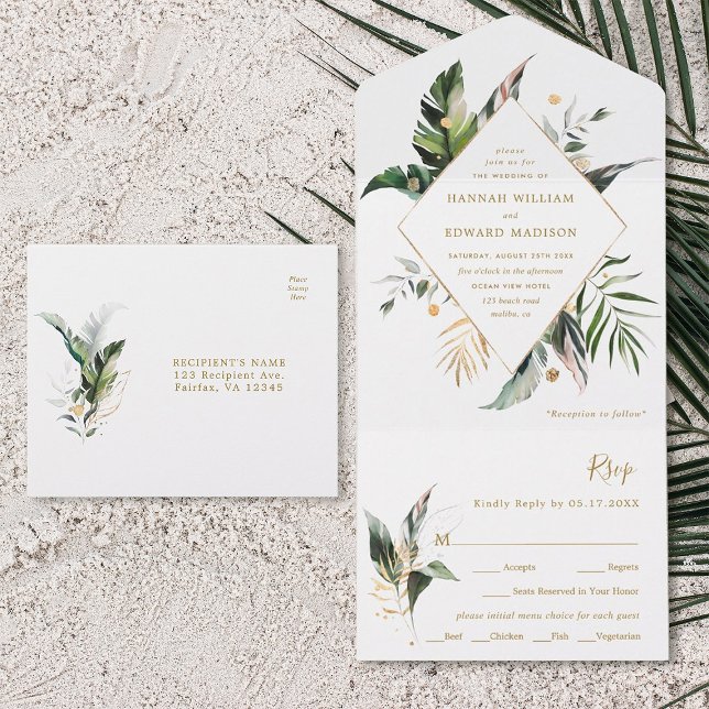 Tropical Watercolor Foliage Gold Wedding All In One Invitation (Creator Uploaded)
