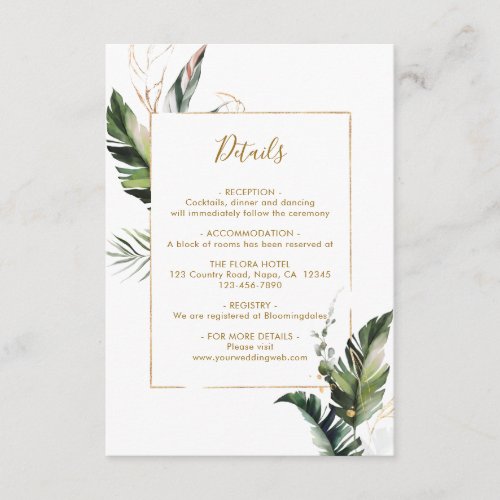 Tropical Watercolor Foliage Gold Wedding Details Enclosure Card