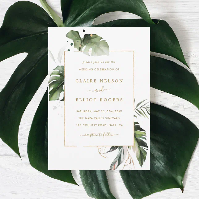 Tropical Watercolor Foliage Gold Wedding Invitation | Zazzle
