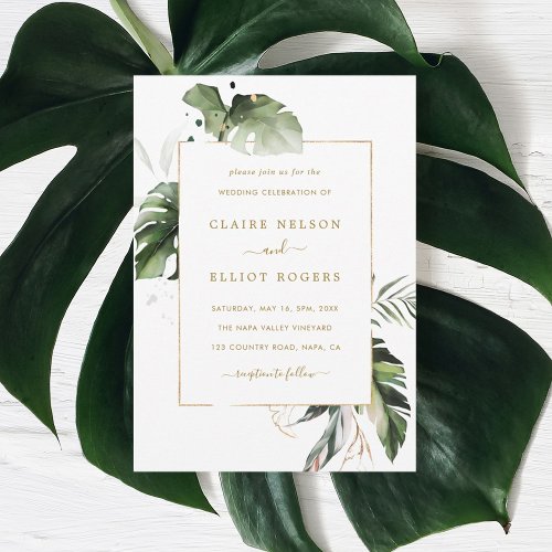 Tropical Watercolor Foliage Gold Wedding Invitation