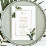 Tropical Watercolor Foliage Gold Wedding Menu<br><div class="desc">This wedding menu features watercolor green tropical foliage,  monstera leaves,  palm tree leaf,  banana leaf with a gold rectangle frame.  It's perfect for a beach,  summer or destination wedding. >>> Check out the entire collection >>> https://www.zazzle.com/collections/tropical_foliage_gold_collection-119316977990783186</div>