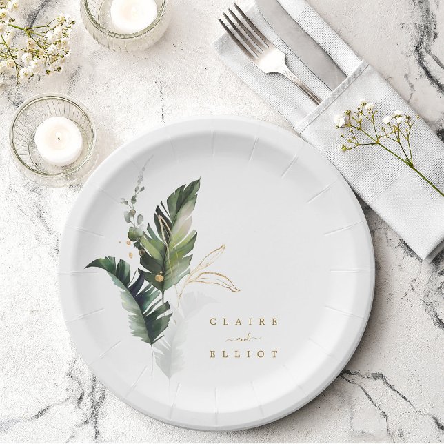 Tropical Watercolor Foliage Gold Wedding Paper Plates (Creator Uploaded)