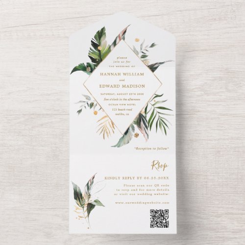 Tropical Watercolor Foliage Gold Wedding QR Code All In One Invitation