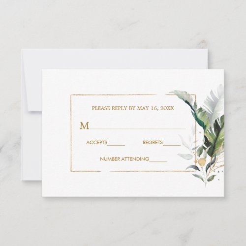 Tropical Watercolor Foliage Gold Wedding RSVP Card