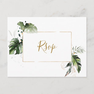 Tropical Watercolor Foliage Gold Wedding RSVP Invitation Postcard