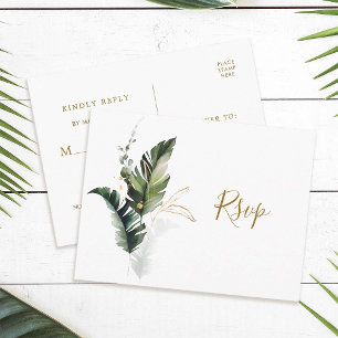 Tropical Watercolor Foliage Gold  Wedding RSVP Invitation Postcard