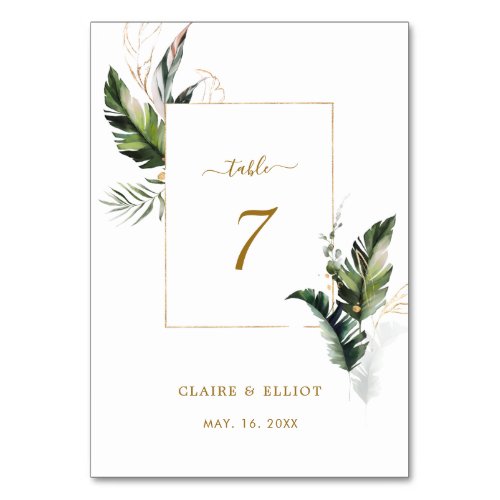 Tropical Watercolor Foliage Gold Wedding Table Number