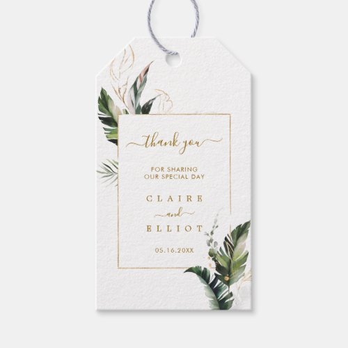 Tropical Watercolor Foliage Gold Wedding Thank You Gift Tags