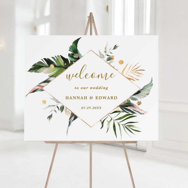 Tropical Watercolor Foliage Gold Wedding Welcome  Foam Board (Creator Uploaded)