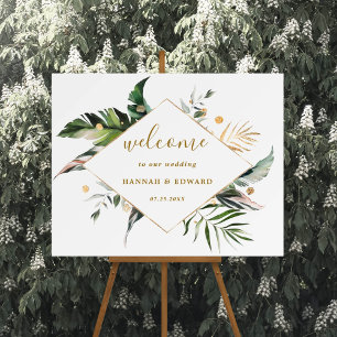 Tropical Watercolor Foliage Gold Wedding Welcome Poster