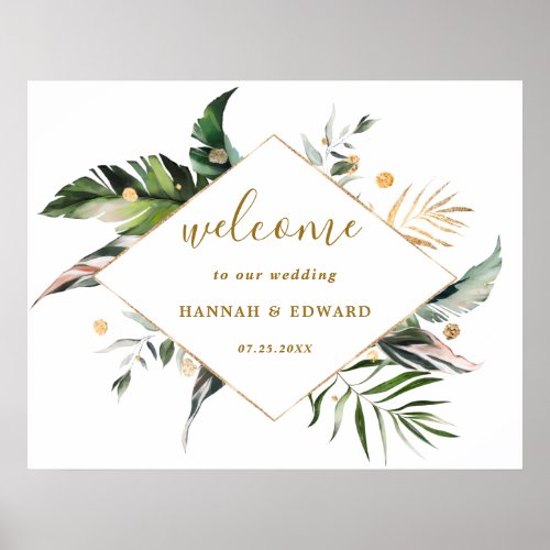 Tropical Watercolor Foliage Gold Wedding Welcome Poster