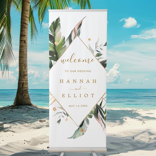 Tropical Watercolor Foliage Gold Wedding Welcome Retractable Banner (Creator Uploaded)