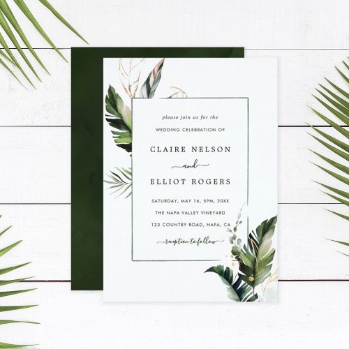 Tropical Watercolor Foliage Green Frame Wedding Invitation