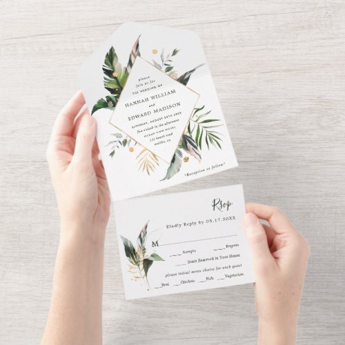 Tropical Watercolor Foliage Green Wedding  All In One Invitation