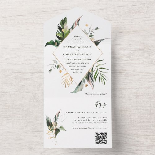 Tropical Watercolor Foliage Green Wedding QR Code All In One Invitation