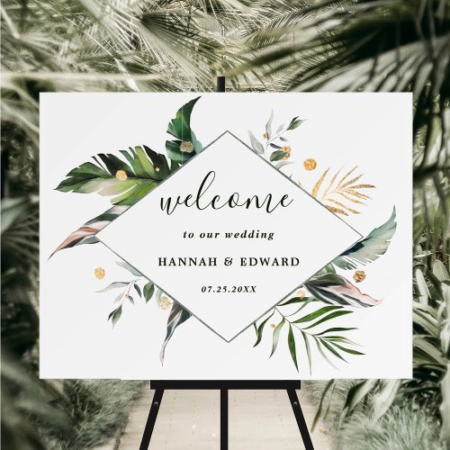 Tropical Watercolor Foliage Green Wedding Welcome Poster