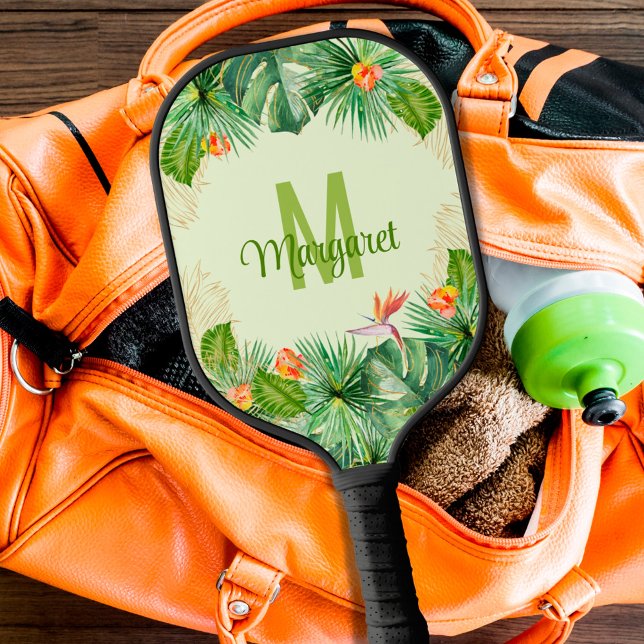Tropical Watercolor Foliage Monogram Script Name Pickleball Paddle (Creator Uploaded)