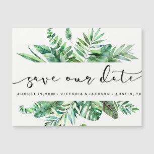 Tropical watercolor foliage save our date V1