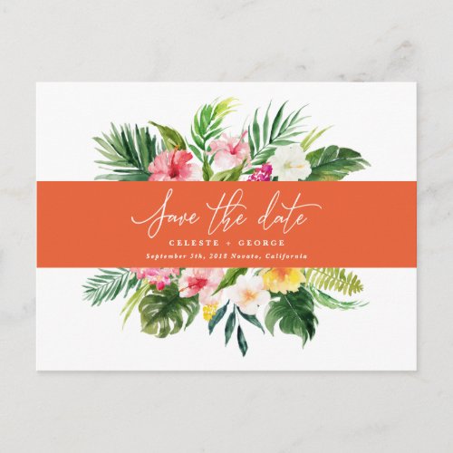 Tropical watercolor foliage script save the date announcement postcard